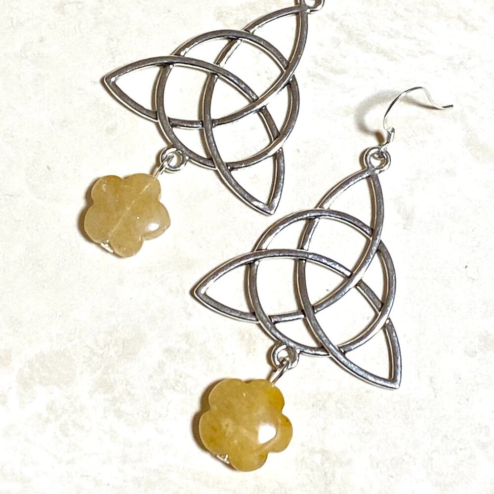 2/$20, Genuine Yellow Flower Aventurine Celtic Trinity Silver Earrings
